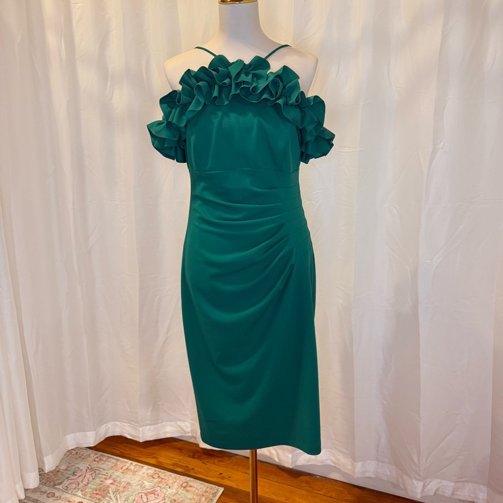 PETITE "TYLER" SHORT SCUBA CREPE OFF THE SHOULDER RUFFLE DRESS